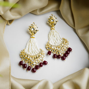 Traditional Kundan Maroon Pearl Drop Earrings