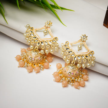 Traditional Gold Plated Peach Kundan Pearl Drop Earrings