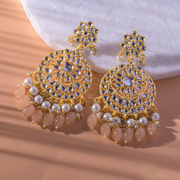 Gold Plated Traditional Peach Kundan & Pearl Earring