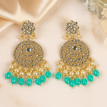 Gold Plated Traditional Sky Blue Kundan & Pearl Earring