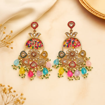 Gold Finish Kundan Polki & Multi Colored Stone Earrings