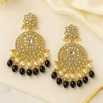 Gold Plated Traditional Black Kundan & Pearl Earring