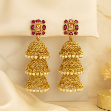 Three Layer Gold Pink Stone Studs Jhumka Earring