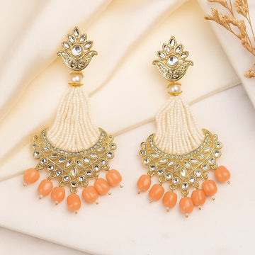 Traditional Kundan Peach Pearl Drop Earrings