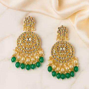 Gold Plated Traditional Green Kundan & Pearl Earring