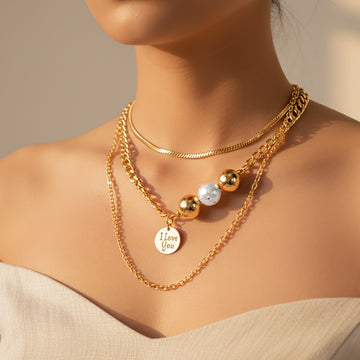 Glossy Gold Three Layer Chain Necklace With Pearl