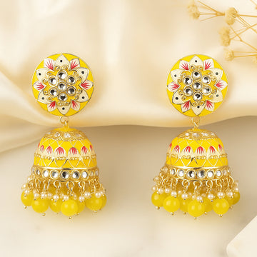 Yellow Gold Toned Traditional Jhumka Earrings