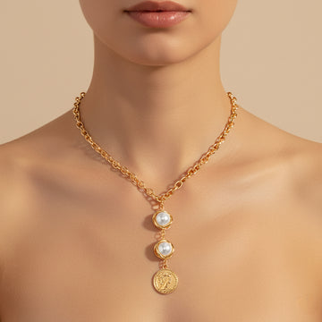 Pearl And Ancient Coin Attached Drop Necklace