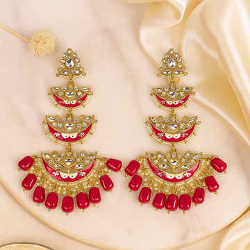 Gold Plated Red Chandbali Drop Earrings