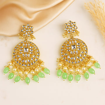 Gold Plated Traditional Mint Green Kundan & Pearl Earring