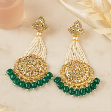 Gold-Plated Dark Green Chandbali Kundan Pearl Earrings