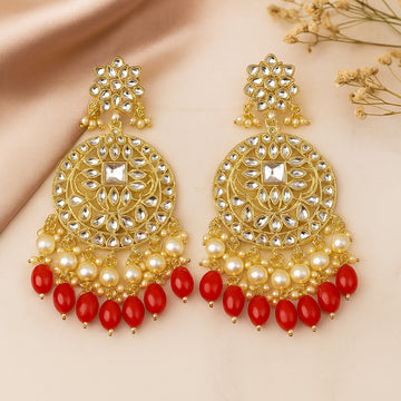 Gold Plated Traditional Red Kundan & Pearl Earring