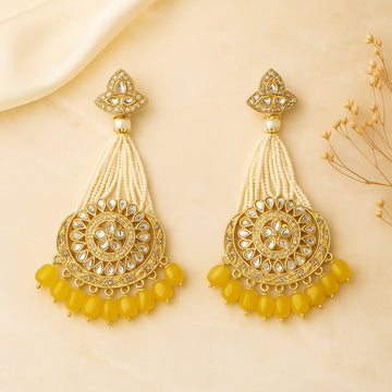 Gold-Plated Yellow Chandbali Kundan Pearl Earrings