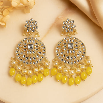 Gold Plated Traditional Yellow Kundan & Pearl Earring