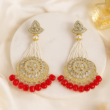 Gold-Plated Red Chandbali Kundan Pearl Earrings