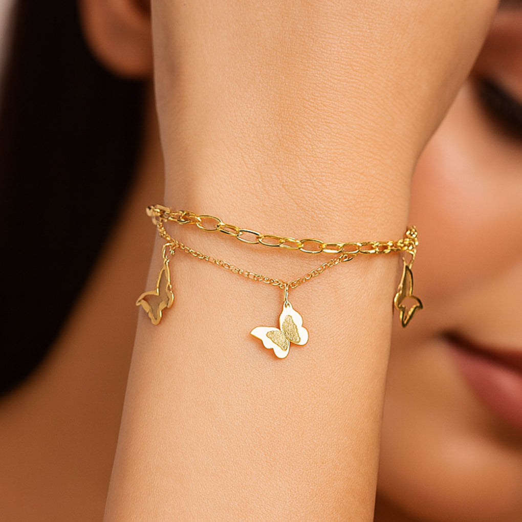 Golden Flutter Double-Chained Butterfly Charm Bracelet