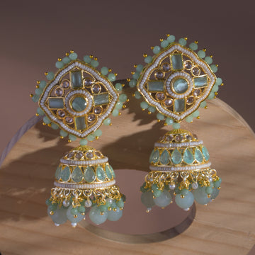 Kundan Floral Mint Green Jhumka Earrings