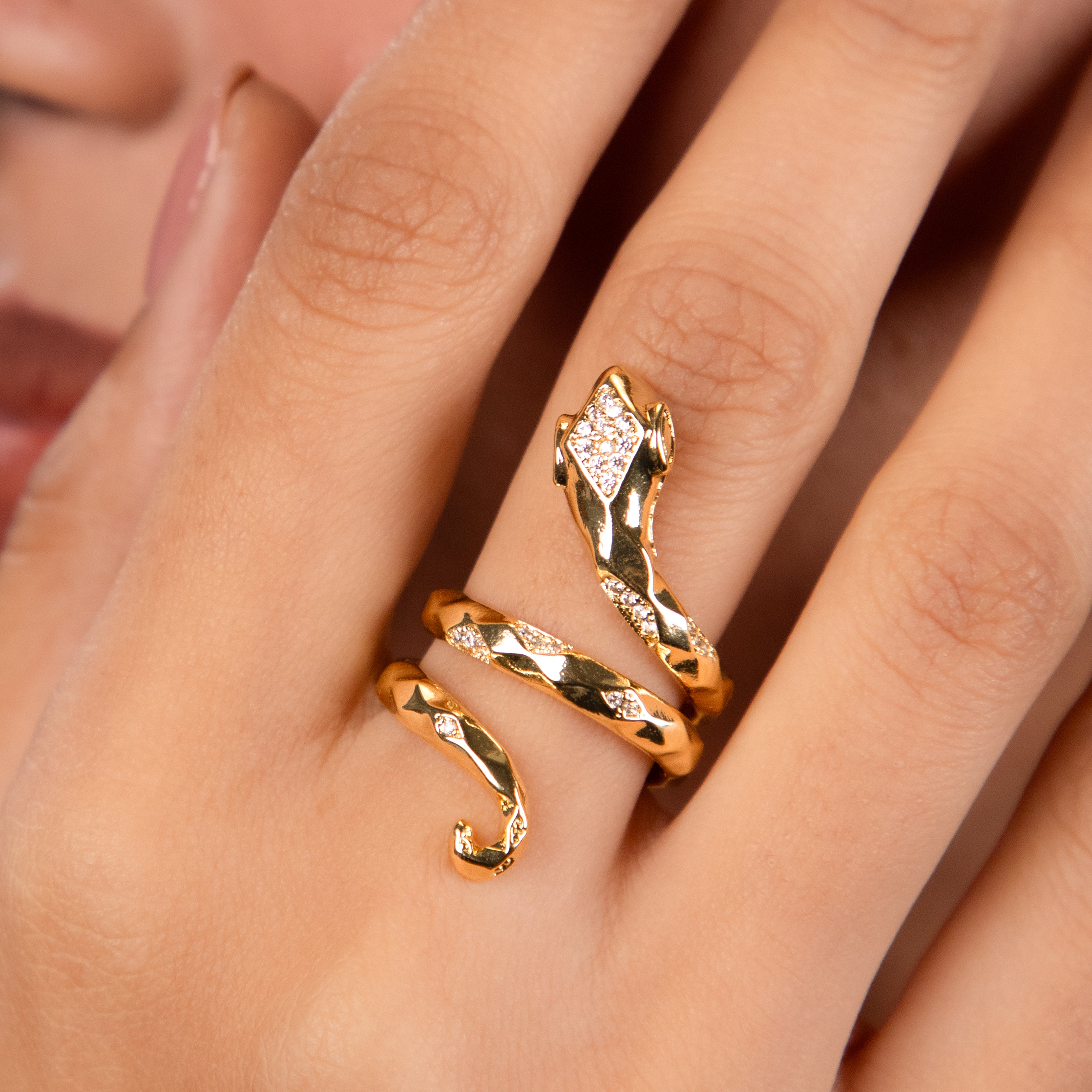 Sleek Serpent - Gold & Faux Diamond Open Ring