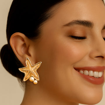 Golden Starfish & Pearl Studs