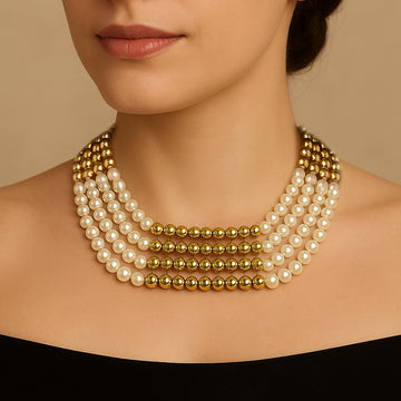 White n' Gold - Two-toned Layered Bead Necklace