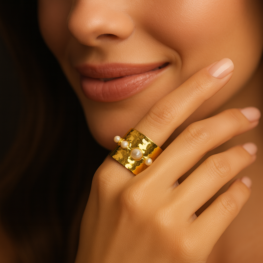 Pearly Touch - Hammered Gold Ring