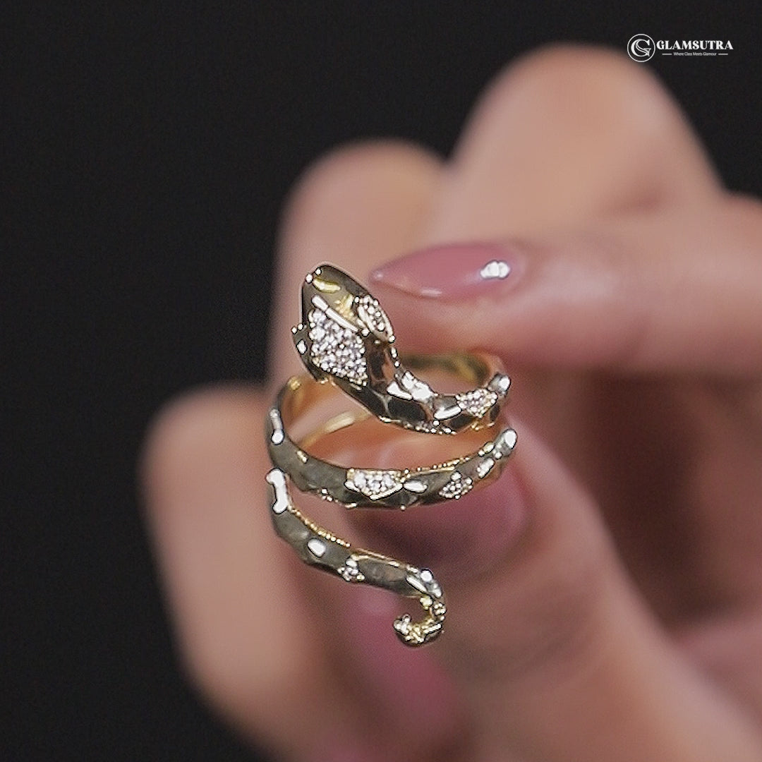 Sleek Serpent - Gold & Faux Diamond Open Ring