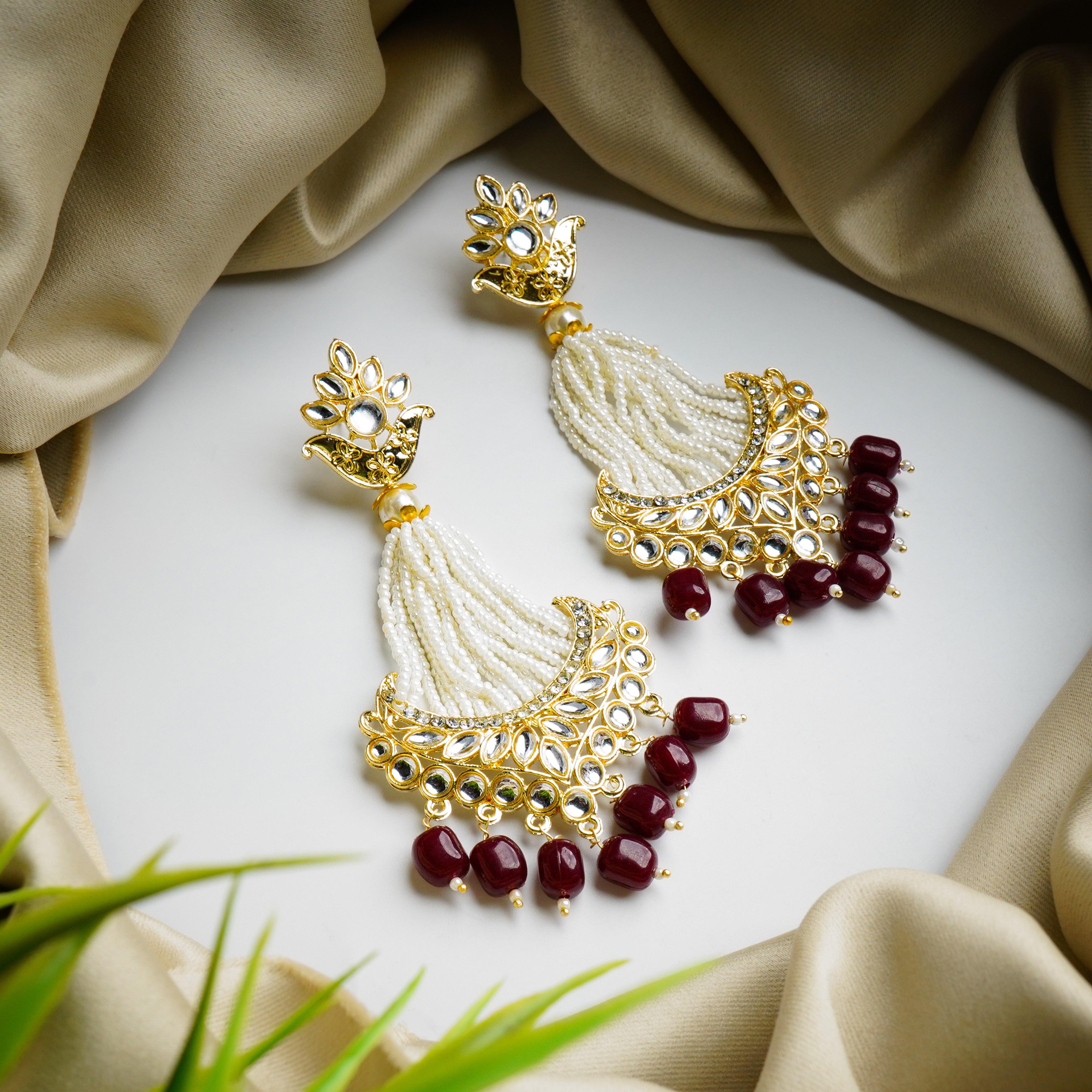 Traditional Kundan Maroon Pearl Drop Earrings