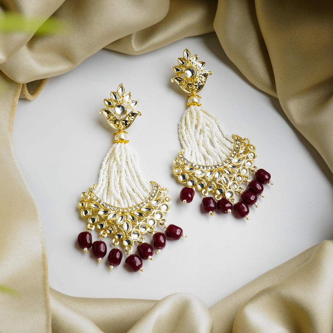 Traditional Kundan Maroon Pearl Drop Earrings