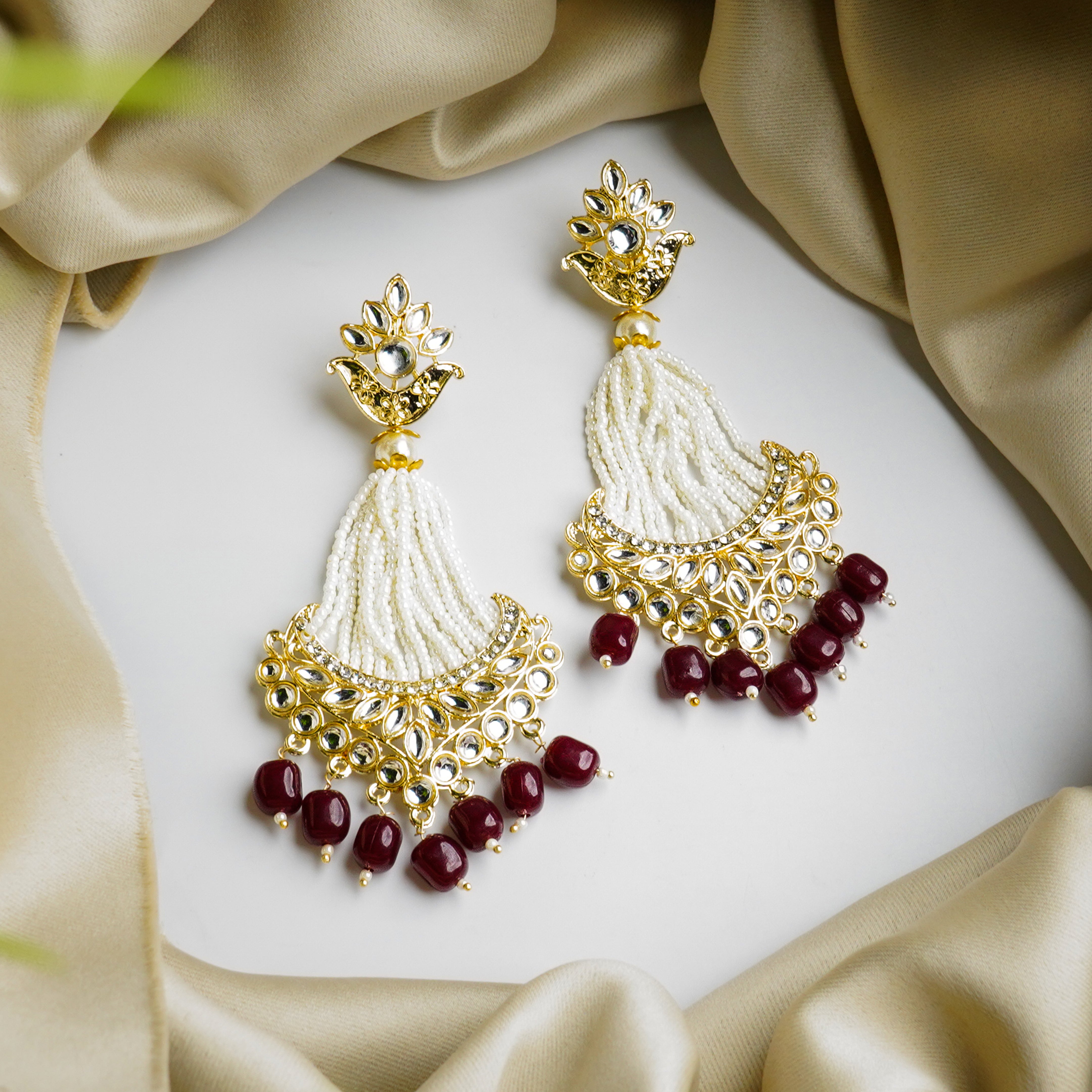 Traditional Kundan Maroon Pearl Drop Earrings