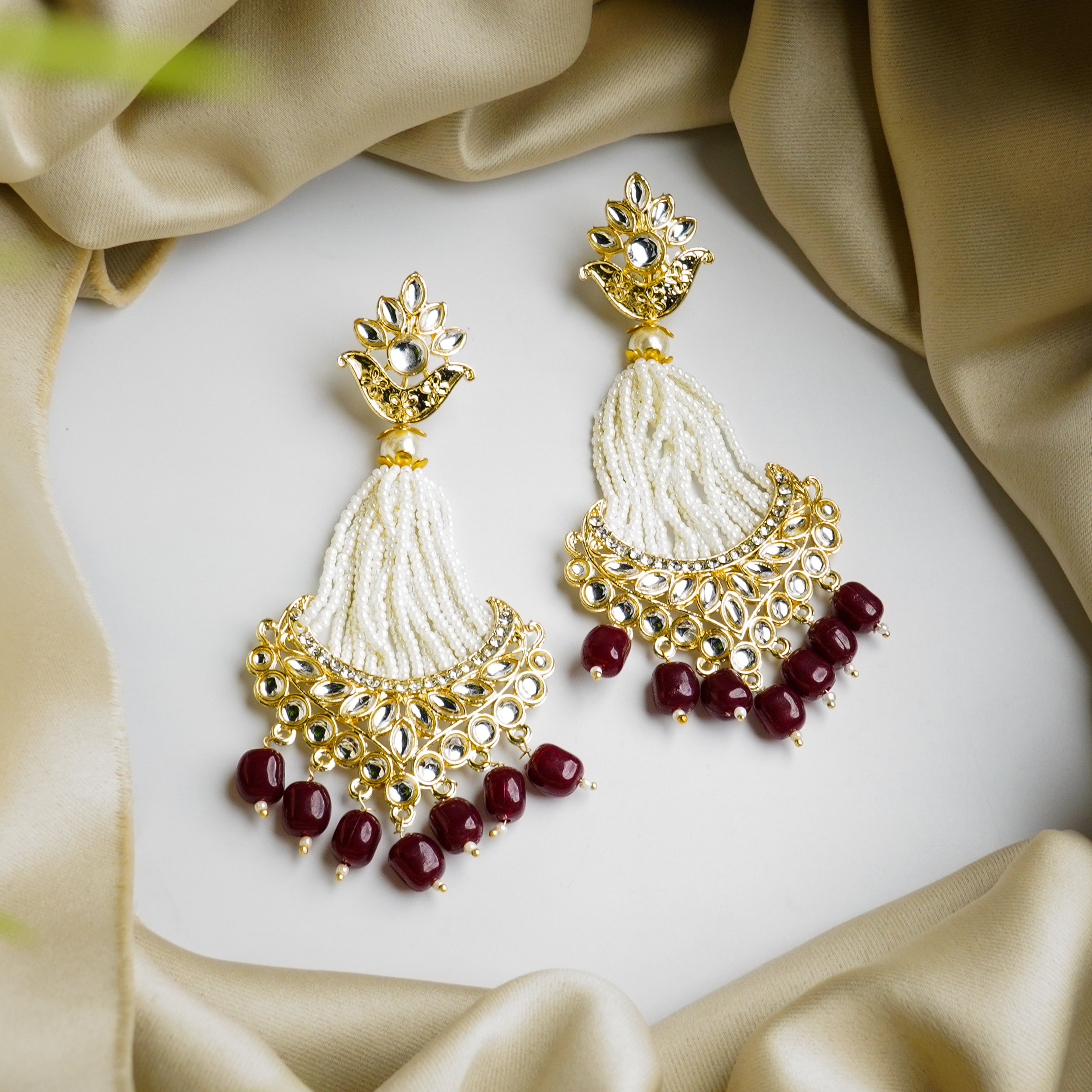 Traditional Kundan Maroon Pearl Drop Earrings
