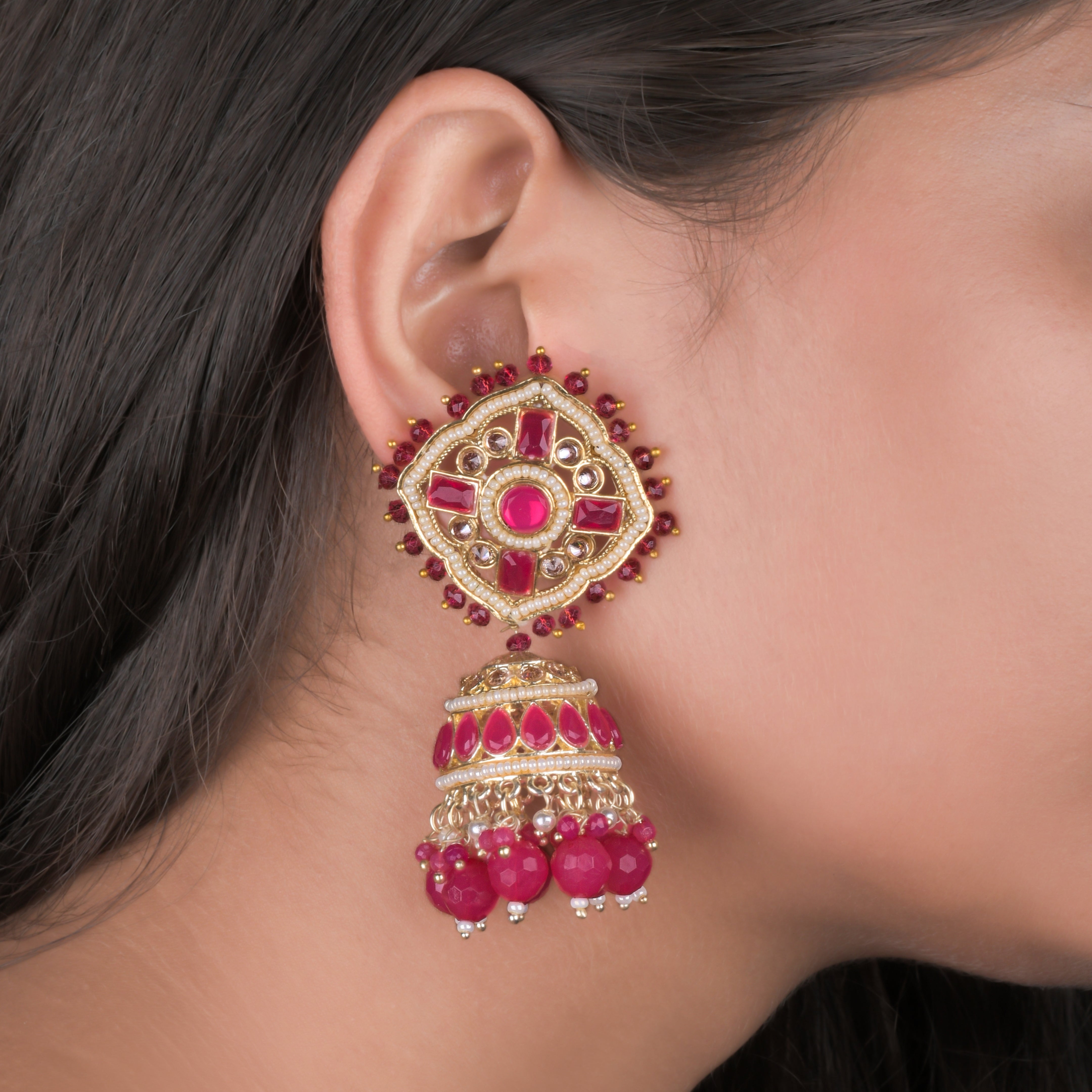 Kundan Floral Pink Jhumka Earrings