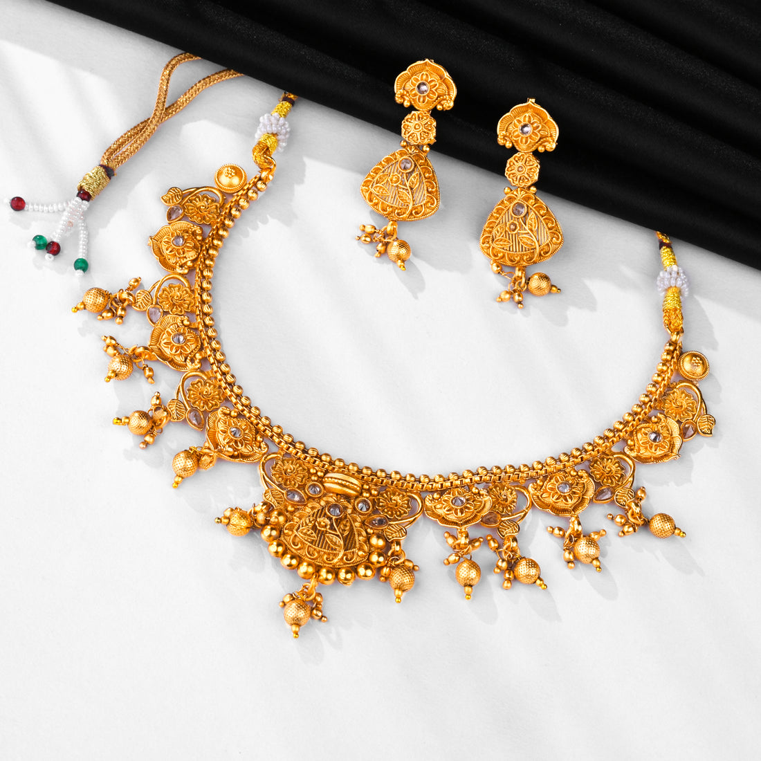 Rajwadi Gold-Plated White Stone Necklace Set