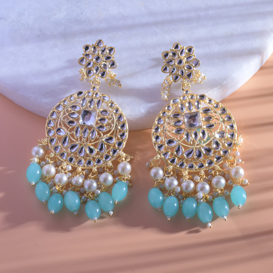 Gold Plated Traditional Sky Blue Kundan & Pearl Earring