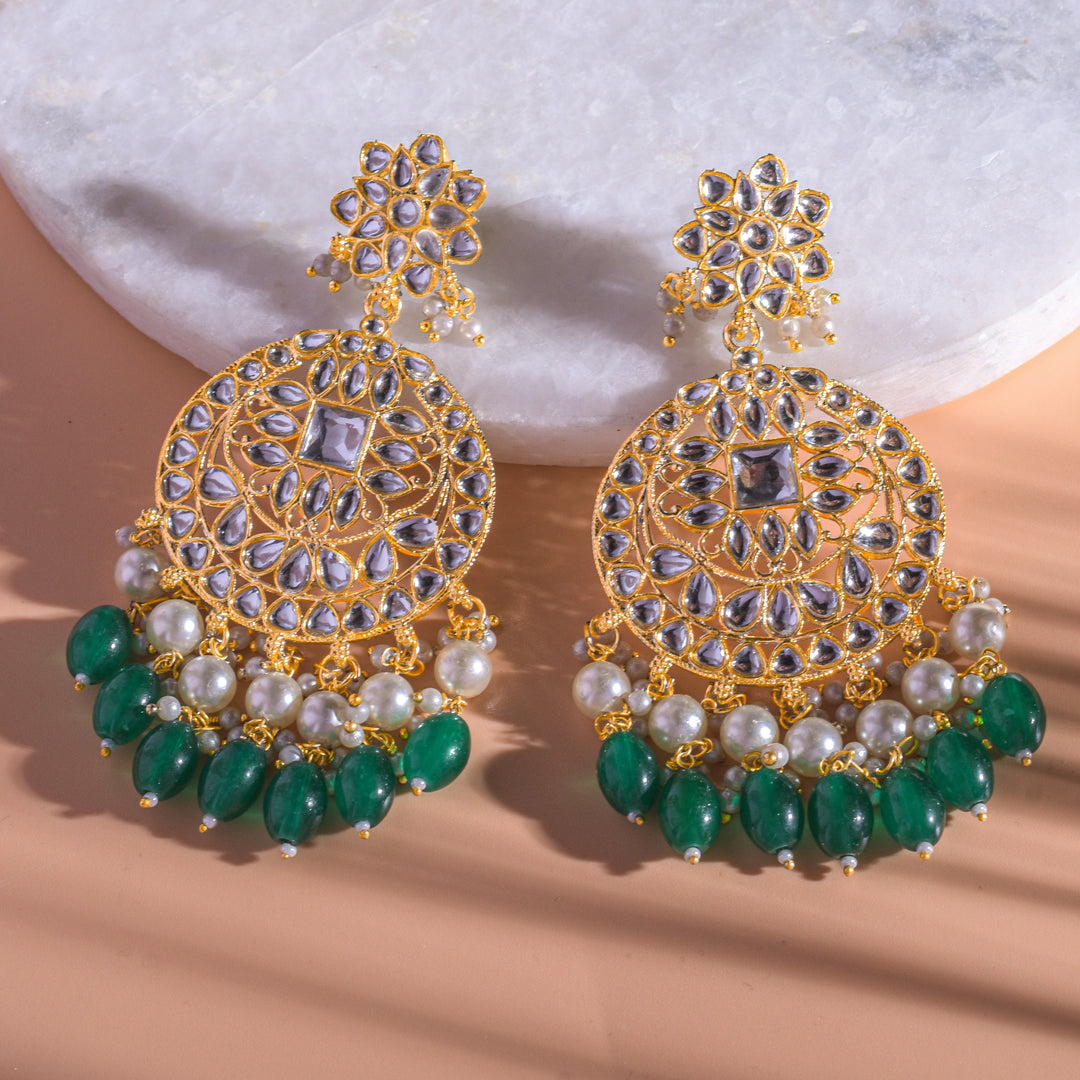 Gold Plated Traditional Green Kundan & Pearl Earring