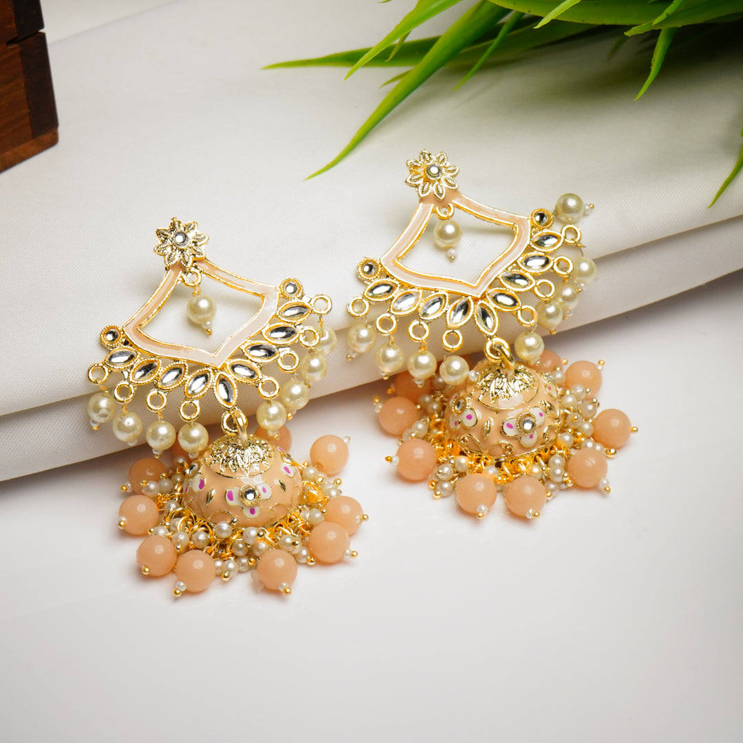 Traditional Gold Plated Peach Kundan Pearl Drop Earrings
