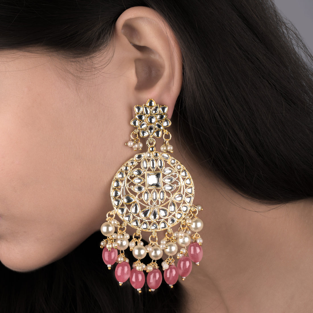 Gold Plated Traditional Pink Kundan & Pearl Earring