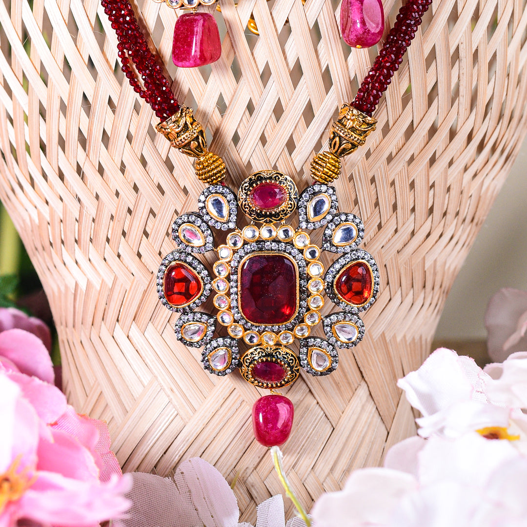 Maroon Heavy Beads & Kundan Necklace Set