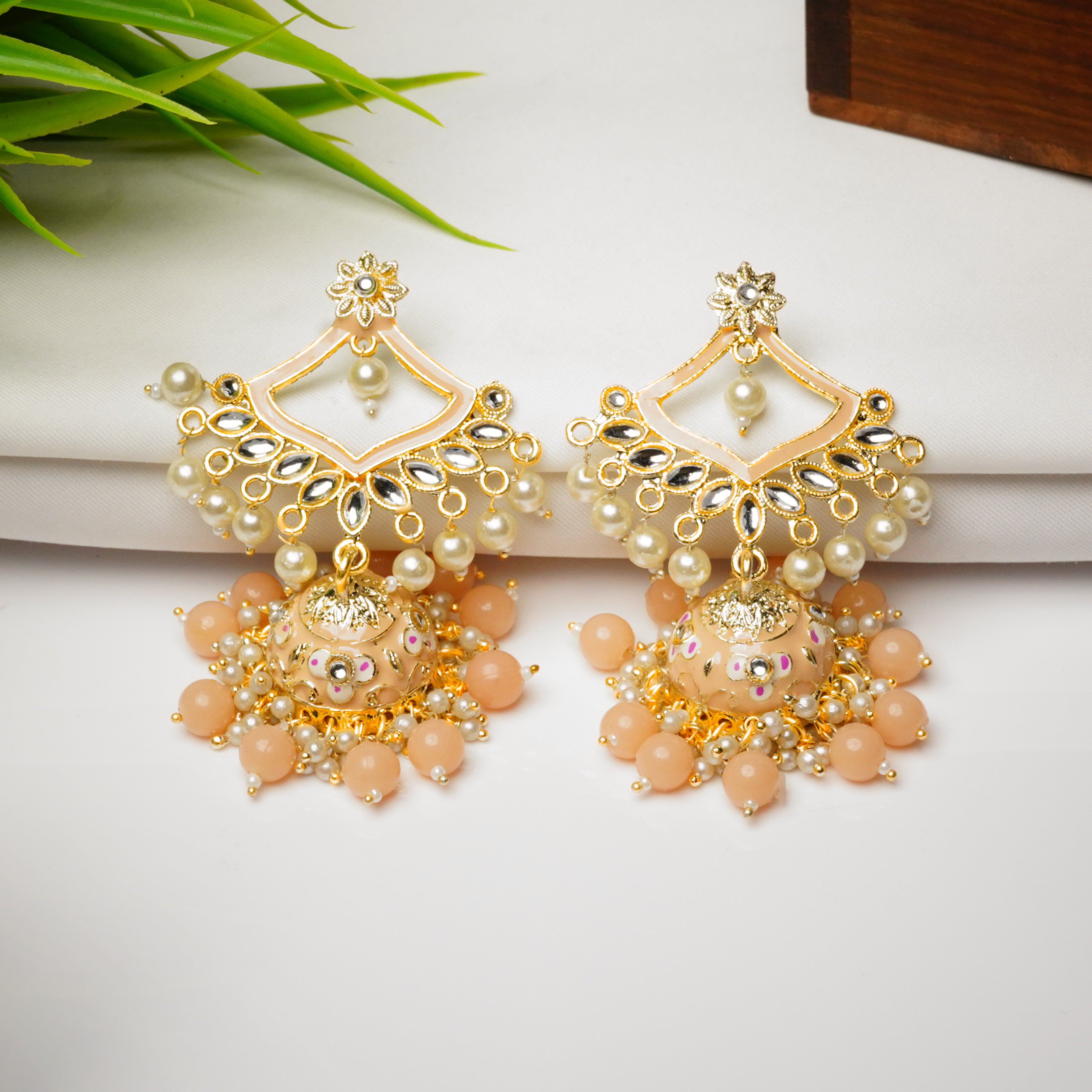 Traditional Gold Plated Peach Kundan Pearl Drop Earrings