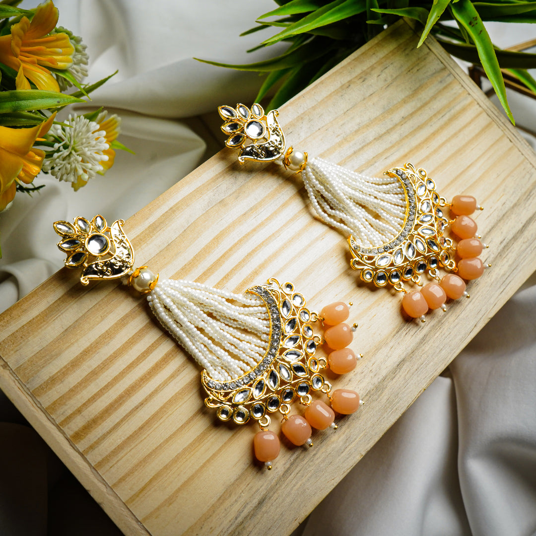 Traditional Kundan Peach Pearl Drop Earrings