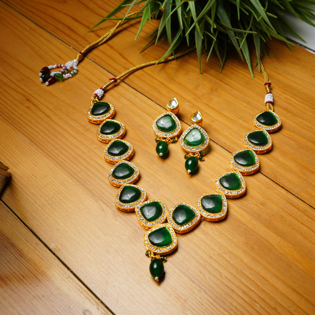 Gold Plated Kundan Green Triangle Shape Necklace Set