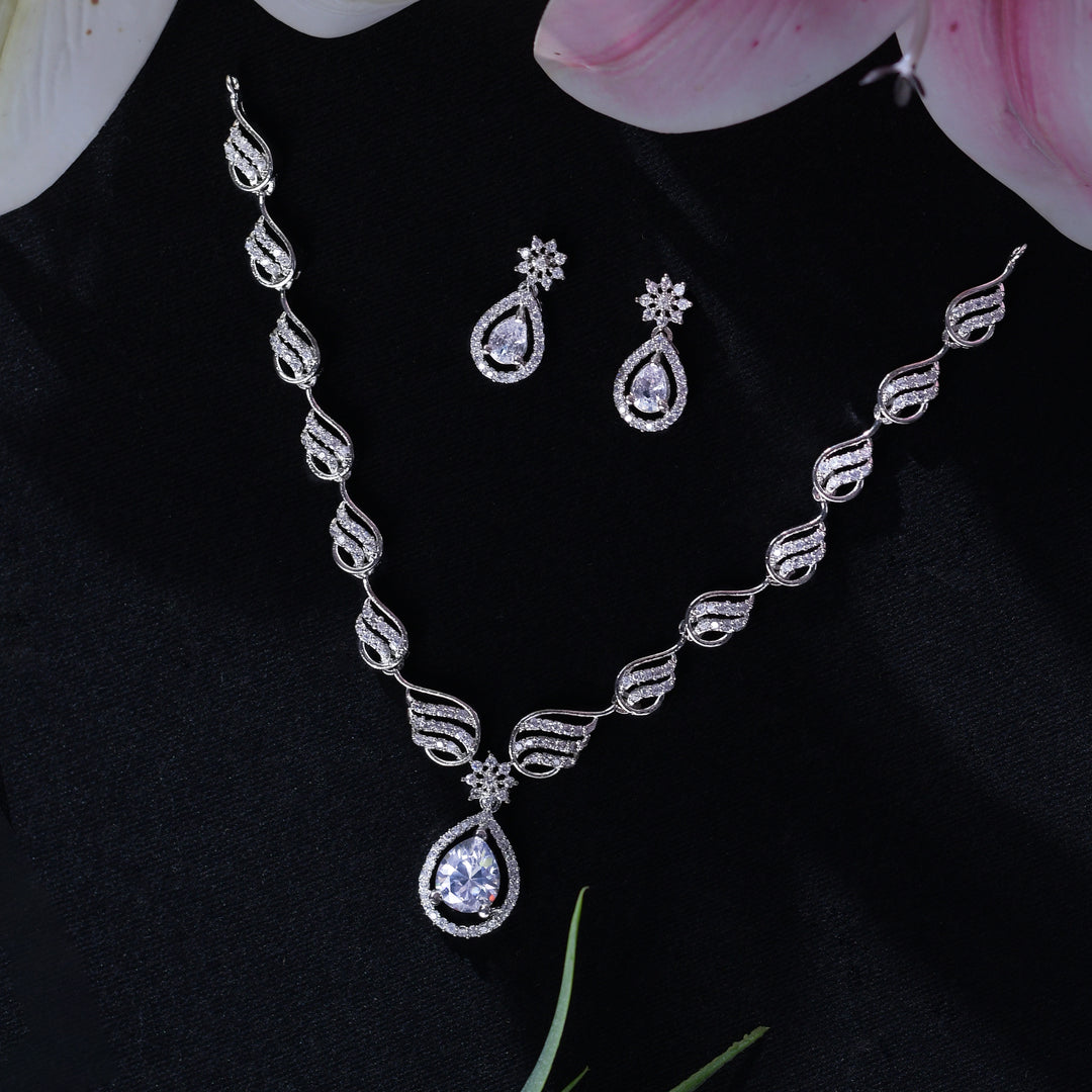 Silver Plated Crystal American Diamond Necklace Set