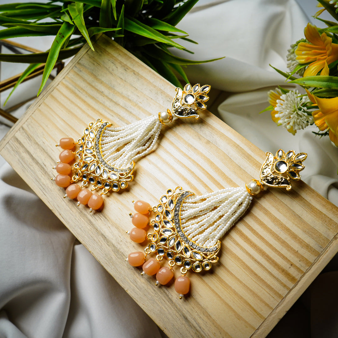 Traditional Kundan Peach Pearl Drop Earrings