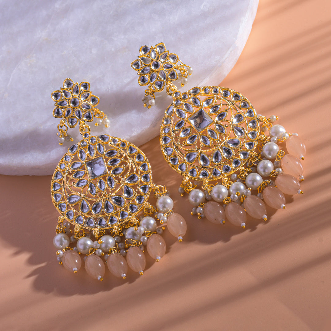 Gold Plated Traditional Peach Kundan & Pearl Earring