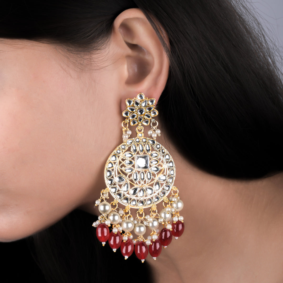 Gold Plated Traditional Red Kundan & Pearl Earring