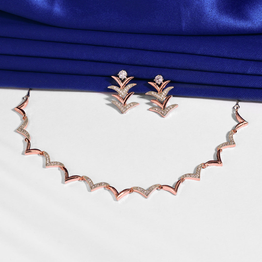 Rose Gold Zirconia Studded Necklace Set