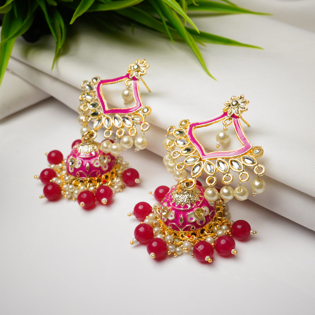 Traditional Gold Plated Red Kundan Pearl Drop Earrings