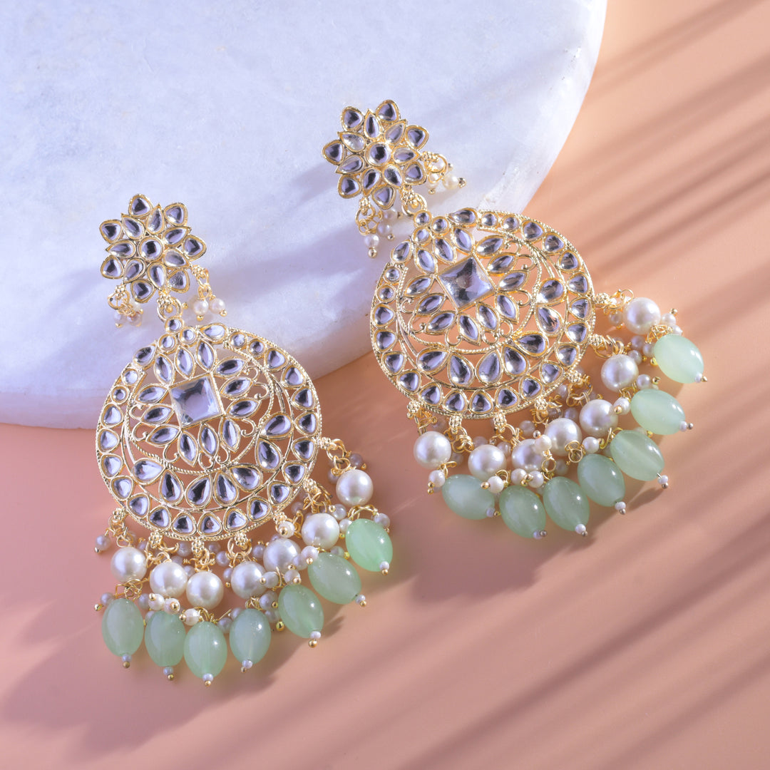 Gold Plated Traditional Mint Green Kundan & Pearl Earring