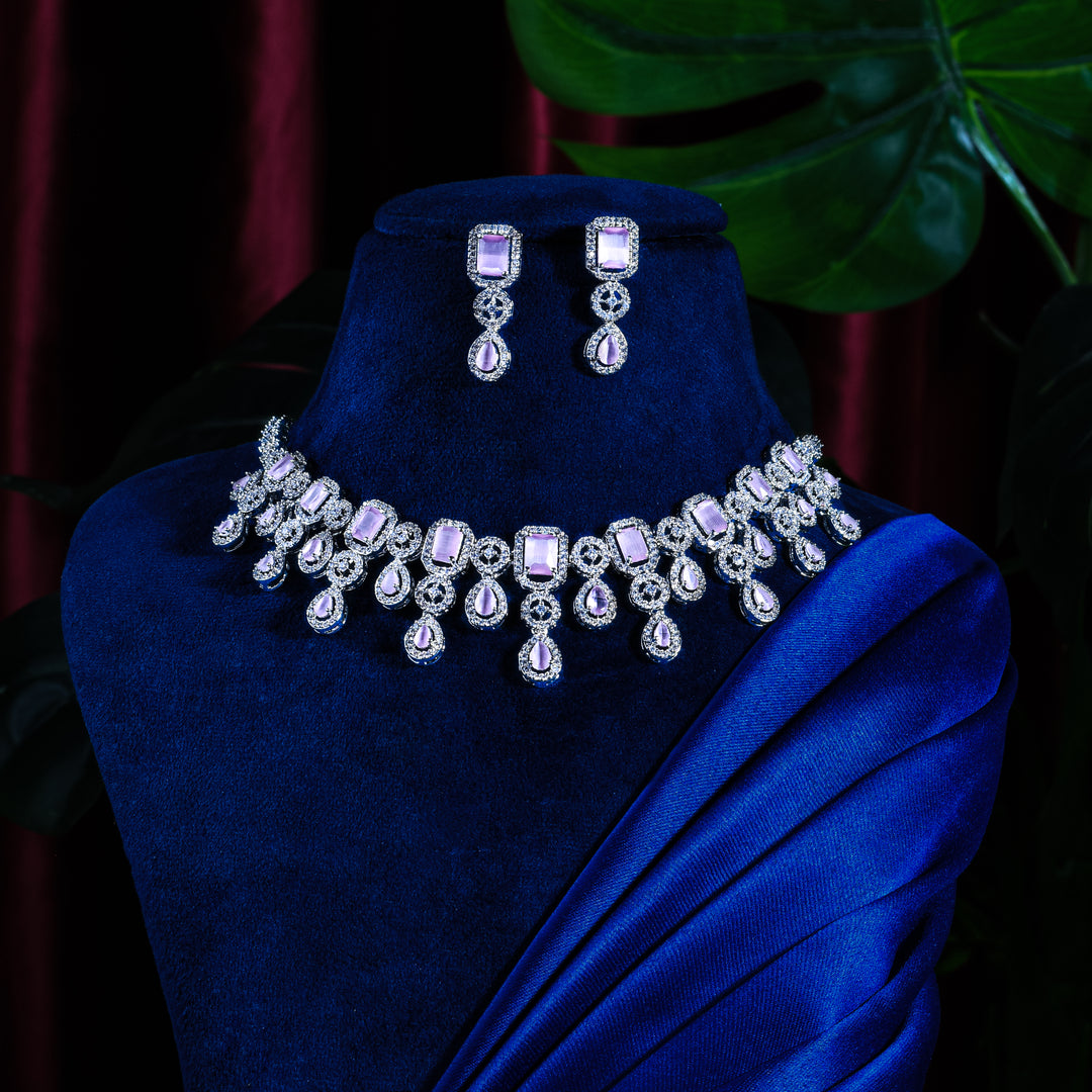 Traditional Pink American Diamond Necklace Set