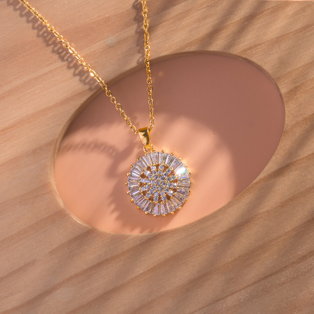 Gold Plated Round & Baguette Cut Circle Pendant