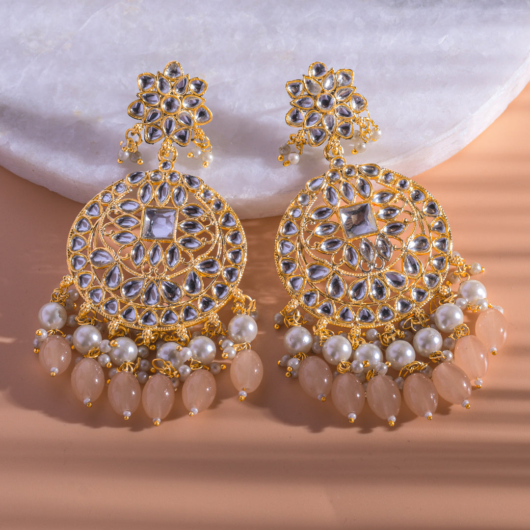 Gold Plated Traditional Peach Kundan & Pearl Earring